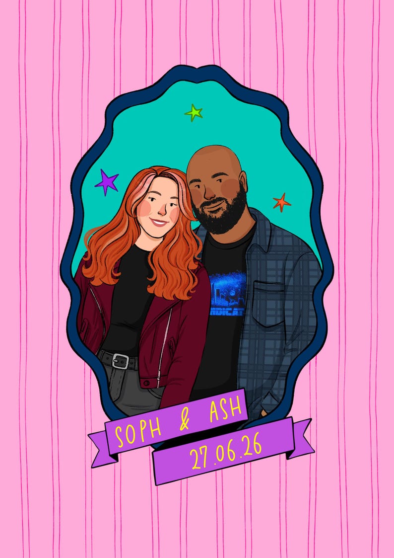 May include: A digital illustration of two people inside a dark blue scalloped frame against a pink striped background. The text "SOPH & ASH" and "27.06.26" appears on a purple banner at the bottom. Colorful stars decorate the teal interior.
