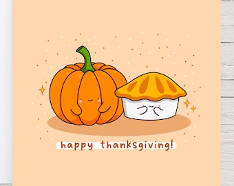 Carte de Thanksgiving Kawaii – Motif citrouille et tarte