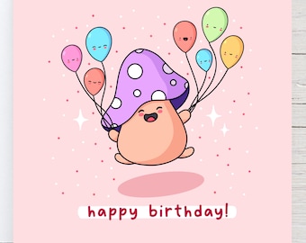 Kawaii Mushroom Birthday Card, Uroczy Design