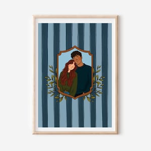 May include: A framed digital illustration featuring a person with long wavy auburn hair and a person with short dark curly hair standing together inside a brown crest-shaped border, surrounded by green leaves against a blue and navy striped background.