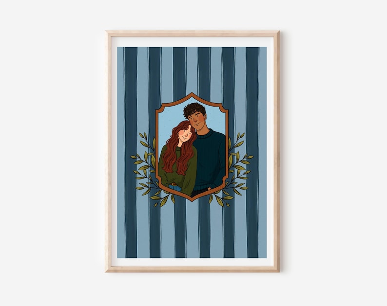 May include: A framed digital illustration featuring a person with long wavy auburn hair and a person with short dark curly hair standing together inside a brown crest-shaped border, surrounded by green leaves against a blue and navy striped background.