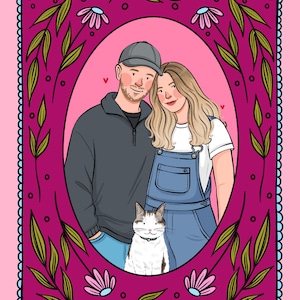 May include: A digital illustration of a person in a gray cap and dark sweater, a person with long blonde hair in blue denim overalls, and a white and gray cat. They are framed by a magenta border with green leaves and pink flowers.