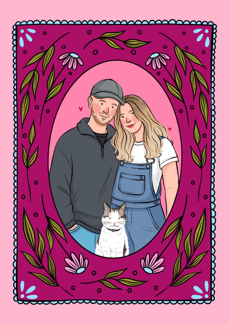 May include: A digital illustration of a person in a gray cap and dark sweater, a person with long blonde hair in blue denim overalls, and a white and gray cat. They are framed by a magenta border with green leaves and pink flowers.