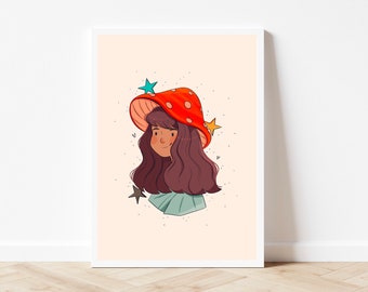キノコガールのアートプリント：コテージコアの毒キノコのイラスト