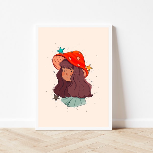 Mushroom Girl Art Print - hand drawn illustration,  Cottagecore print, Toadstool art