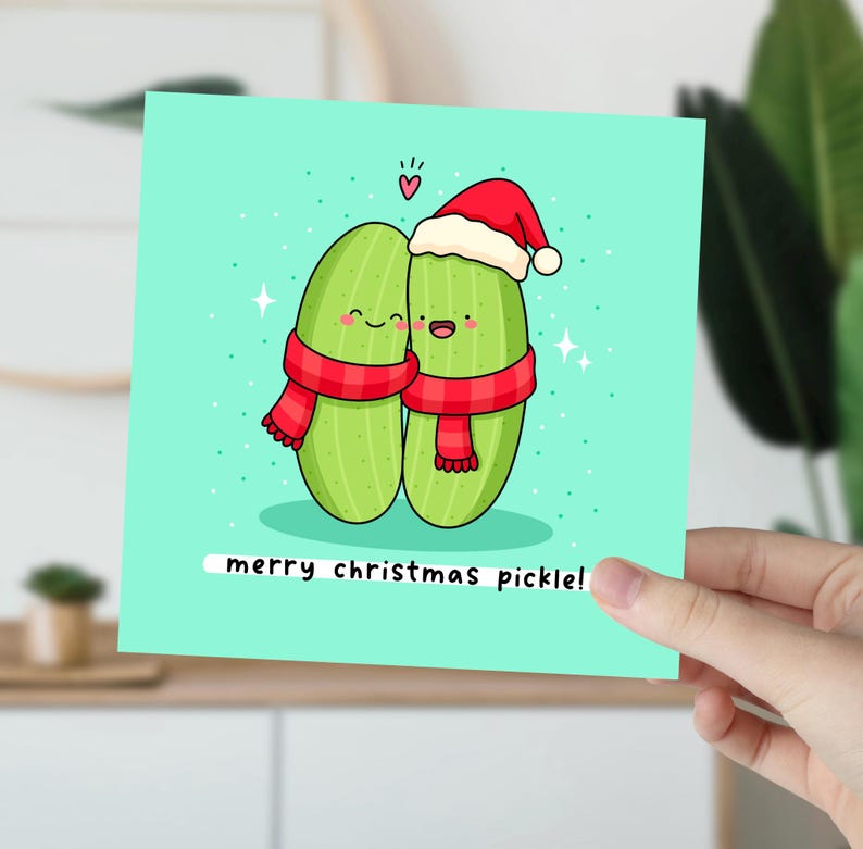Grappige kerstkaart augurk woordspeling: kawaii vakantiegroeten afbeelding 2