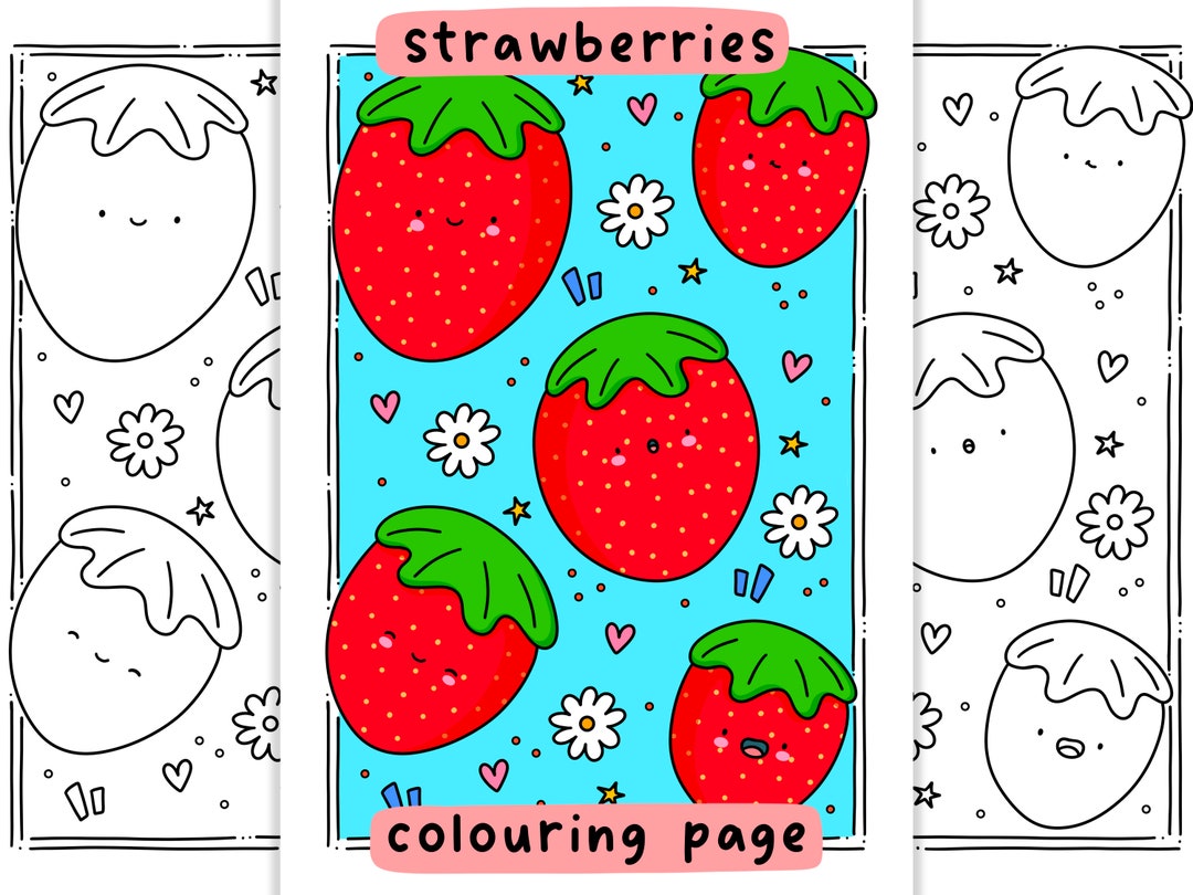 Kawaii Colouring Page Coloring Page for Adult or Child, Strawberries