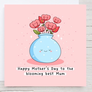 Jolie carte de fête des mères - Kawaii, petit garçon, meilleure maman, carte sur le thème du jardinage pour maman, pots de fleurs