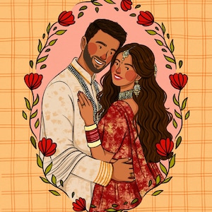 May include: An illustration of two people embracing, framed by red flowers and green leaves. One person wears a cream-colored sherwani with gold accents, and the other wears a red patterned lehenga with gold jewelry, including a maang tikka and bangles.