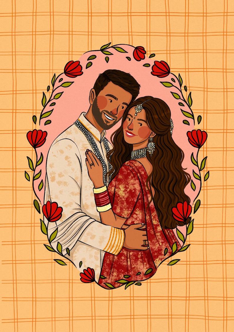 May include: An illustration of two people embracing, framed by red flowers and green leaves. One person wears a cream-colored sherwani with gold accents, and the other wears a red patterned lehenga with gold jewelry, including a maang tikka and bangles.