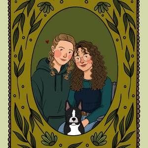 May include: A digital illustration featuring two individuals and a black and white French Bulldog inside an oval frame. The frame is decorated with green leaves and flowers on a dark olive background. One individual has blonde braided hair and a dark green hoodie.