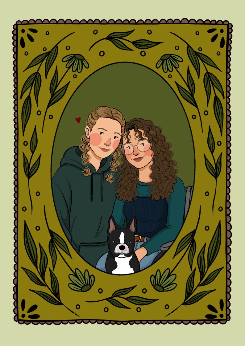May include: A digital illustration featuring two individuals and a black and white French Bulldog inside an oval frame. The frame is decorated with green leaves and flowers on a dark olive background. One individual has blonde braided hair and a dark green hoodie.