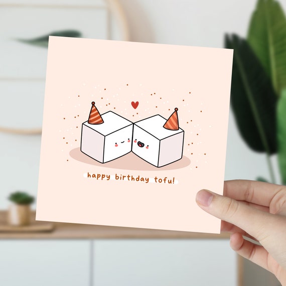 Lustige Tofu-Geburtstagskarte Für Veganer – Handgezeichnet Mit Partyhut Und Witzigem Spruch
