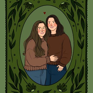 May include: A digital illustration of two individuals standing side-by-side, framed within an oval border decorated with green leaves and flowers. Both wear brown sweaters and blue jeans. One individual has long brown hair and glasses.