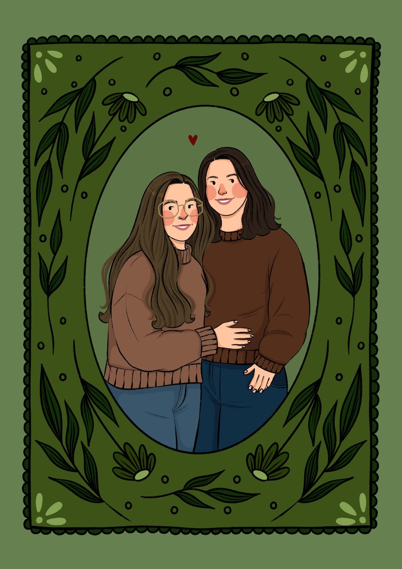 May include: A digital illustration of two individuals standing side-by-side, framed within an oval border decorated with green leaves and flowers. Both wear brown sweaters and blue jeans. One individual has long brown hair and glasses.