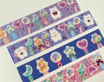 Bear & lightstick washi tape with pink purple silver foil stamping  details