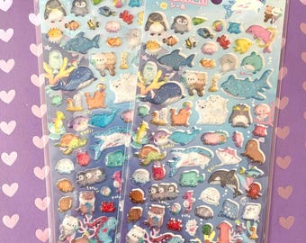 Shimmer Ocean Animal and Sea Life Stickers  – Slightly Raised 3D Kawaii Stickers for Journals, Planners, Scrapbooking & Pen‑Pal Letters