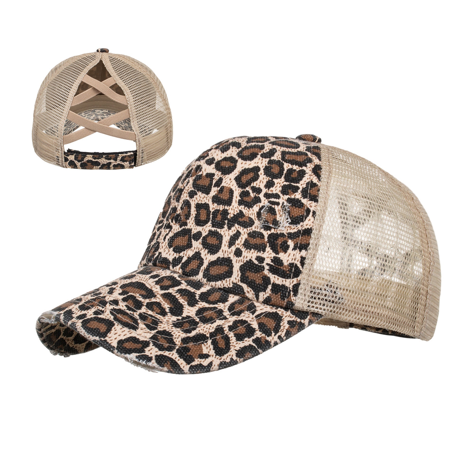 Leopard Ponytail Women Baseball Cap, Vintage Messy High Bun Pony-cap, Washed Cotton Hat Adjustable Mesh Trucker Baseball Cap, Outdoor Hat