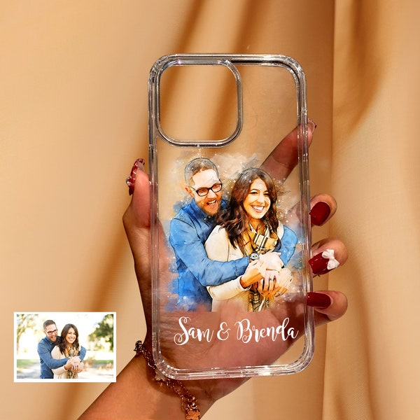 Étui iPhone personnalisé avec portrait personnalisé à partir de photo | Étui transparent pour iPhone 15/14/13 et tous | Cadeau de Noël - Coque iPhone personnalisée