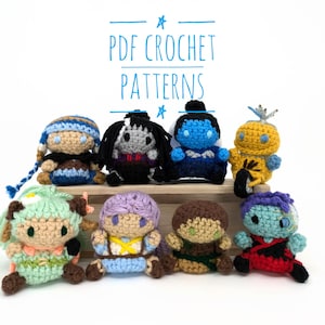 May include: A collection of eight crocheted amigurumi figures, including a robot, a character with a blue hat, a character with a purple hat, and a character with a green hat. The figures are arranged on a wooden shelf. The text "PDF CROCHET PATTERNS" is written above the figures.