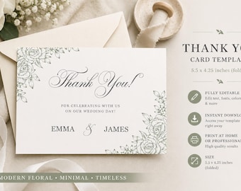 Editable Botanical Thank You Card Flat and Folded