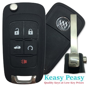 May include: Black car key fob with a silver key blade. The key fob has five buttons: unlock, lock, trunk release, panic, and a red LED light. The key fob has the Buick logo on the side.