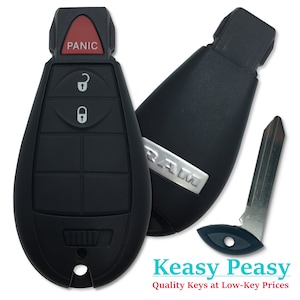 May include: Black car key fobs with a silver RAM logo and a separate key blade. One fob has a red "PANIC" button and lock/unlock symbols. The image also includes the text "Keasy Peasy" and "Quality Keys at Low-Key Prices".