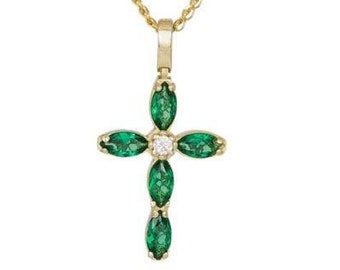 Yellow Gold 14K women&#39;s cross with green zircons Engagement Wedding gift Made in Greece