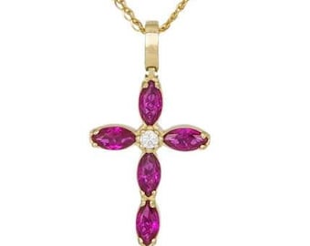 Gelbgold 14K Frauenkreuz mit roten Zirkonen Verlobung Hochzeitsgeschenk Made in Griechenland