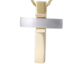 Gelbgold & Weiß 14K Moderne Männer Kreuz kybernetisches Taufgeschenk Baby Junge Taufe Nona Andenken Erstkommunion Kirche Made in Griechenland