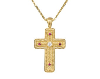 Double face Byzantine cross Gold 14K Orthodox wedding / baptism gift Baby girl christening Nona souvenir Made in Greece