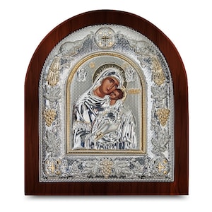 Virgin Mary Eleusa Kissing Lovingly byzantine icon Wood round frame Greek orthodox gift Religious present Handmade in Greece