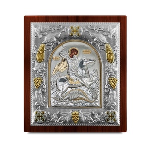 Icono bizantino de San Jorge Marco de madera Regalo ortodoxo griego Presente religioso Hecho a mano en Grecia - Opciones de tamaño y colores Certificado incluido