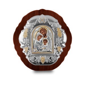 Icono bizantino de la Sagrada Familia Marco ovalado de madera negro Regalo ortodoxo griego Presente religioso Hecho a mano en Grecia - Certificado incluido