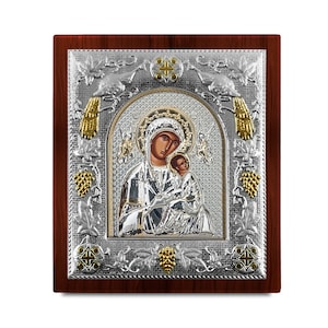 Virgen María Icono bizantino intacto Marco de madera Regalo ortodoxo griego Presente religioso Hecho a mano en Grecia - Tamaño Colores - Certificado incluido