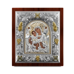 Icono bizantino de plata Axion Esti Marco de madera Regalo ortodoxo griego Presente religioso Hecho a mano en Grecia - Tamaño Colores - Certificado incluido
