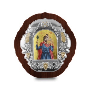 Saint Christopher byzantine Silver icon Wood oval frame Greek orthodox religious gifts Handmade in Greece - Name day 9th of May