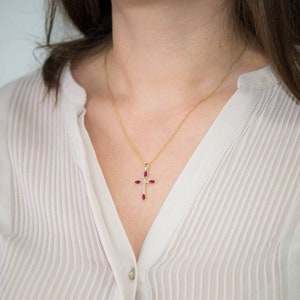 Yellow Gold 14K Elegant women's cross with red and clear zircons Baptism Engagement Wedding Anniversary Graduate gift Made in Greece