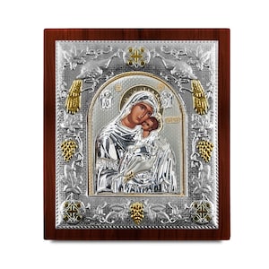Virgen María Eleusa besando amorosamente Icono bizantino Marco de madera Regalo ortodoxo griego Presente religioso Hecho a mano en Grecia - Certificado incluido