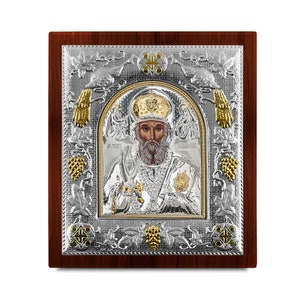 Icono bizantino de San Nicolás Marco de madera Regalo ortodoxo griego Presente religioso Hecho a mano en Grecia - Opciones de tamaño y colores Certificado incluido