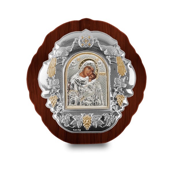 Virgin Mary Eleusa Kissing Lovingly byzantine icon Wood oval frame Greek orthodox gift Religious present Handmade in Greece - Size Colors