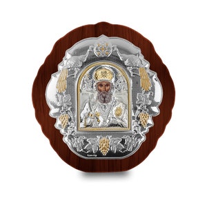 Icono bizantino de San Nicolás Marco ovalado de madera negro Regalo ortodoxo griego Presente religioso Hecho a mano en Grecia - Certificado incluido