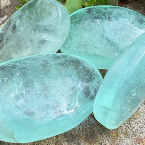 Polished Green Fluorite Palm Stones, Calming Aqua Glow Worry Stone