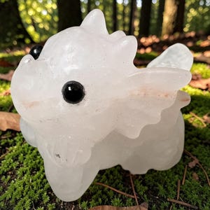 Sculpture de dragon en quartz neige | Figurine d'animal totem en quartz laiteux poli