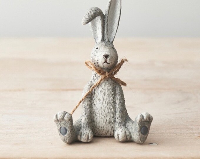 Grey Small Sitting Rabbit With Jute Bow, Rabbit, Bunny, Home Decor ...