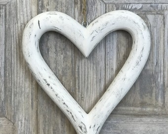 A Large chic chunky distressed white simple hanging wooden heart chunky rope hanger