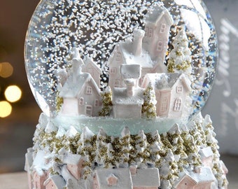 Musical enchanted pink & Gold  Alpine winter wonderland Snowy Town landscaped Snow Globe water ball