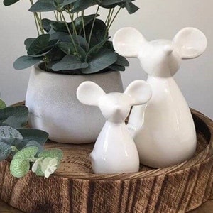 Set of two white glossy ceramic mice mouse ornaments