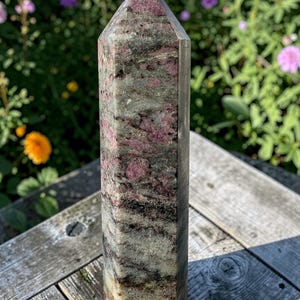 Ruby in matrix tower, pink purple crystal point, natural stone statement piece