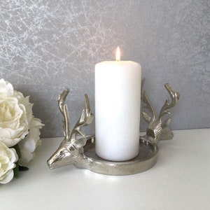 Large Vintage Style Silver Metal Deer Stags Head Candle Holder Pillar Candle